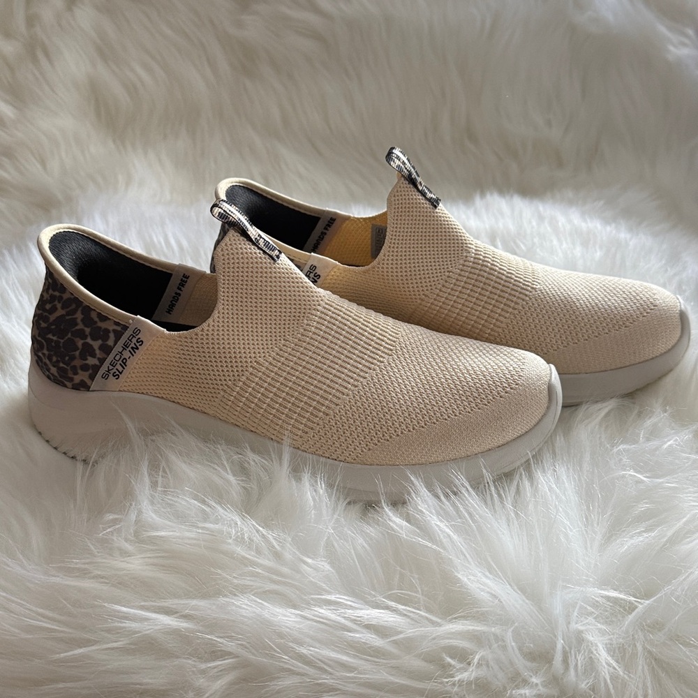 Skechers Beige and Leopard Slip-On Sneakers